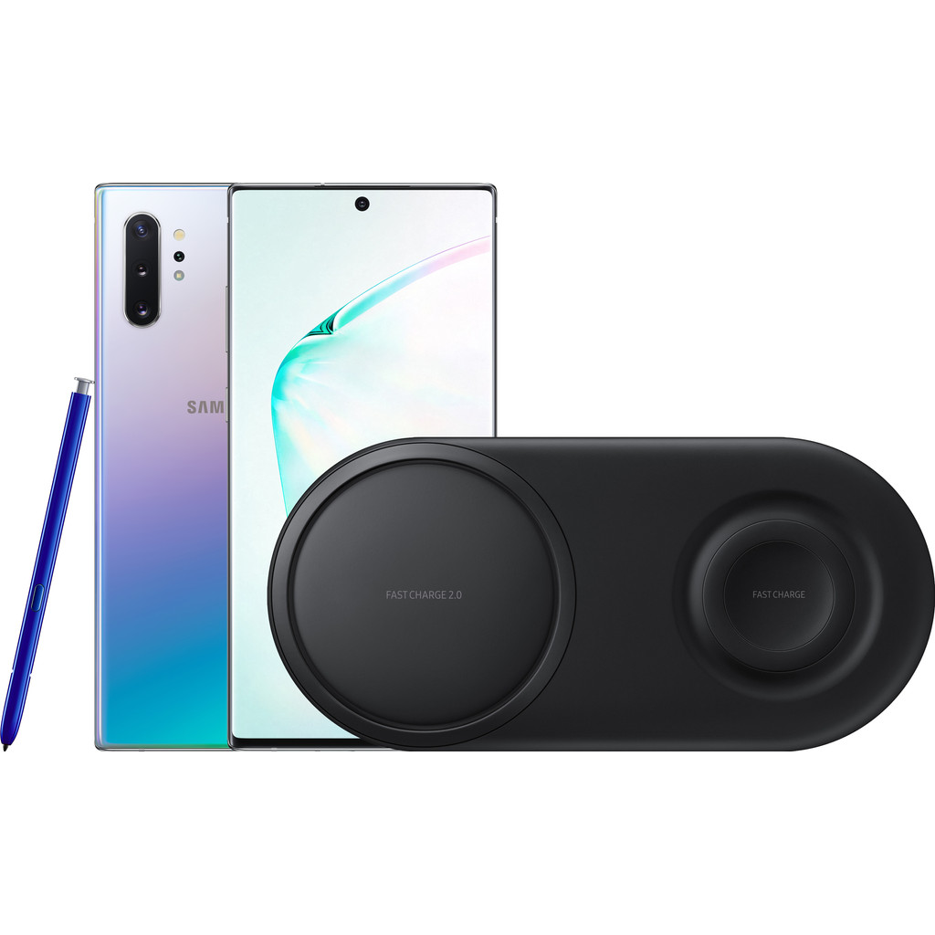 Samsung Galaxy Note 10 Plus 256GB Zilver + Samsung Draadloze Oplader DUO Pad Zwart-256 GB opslagcapaciteit 6,8 inch quad hd scherm Android 9.0 Pie