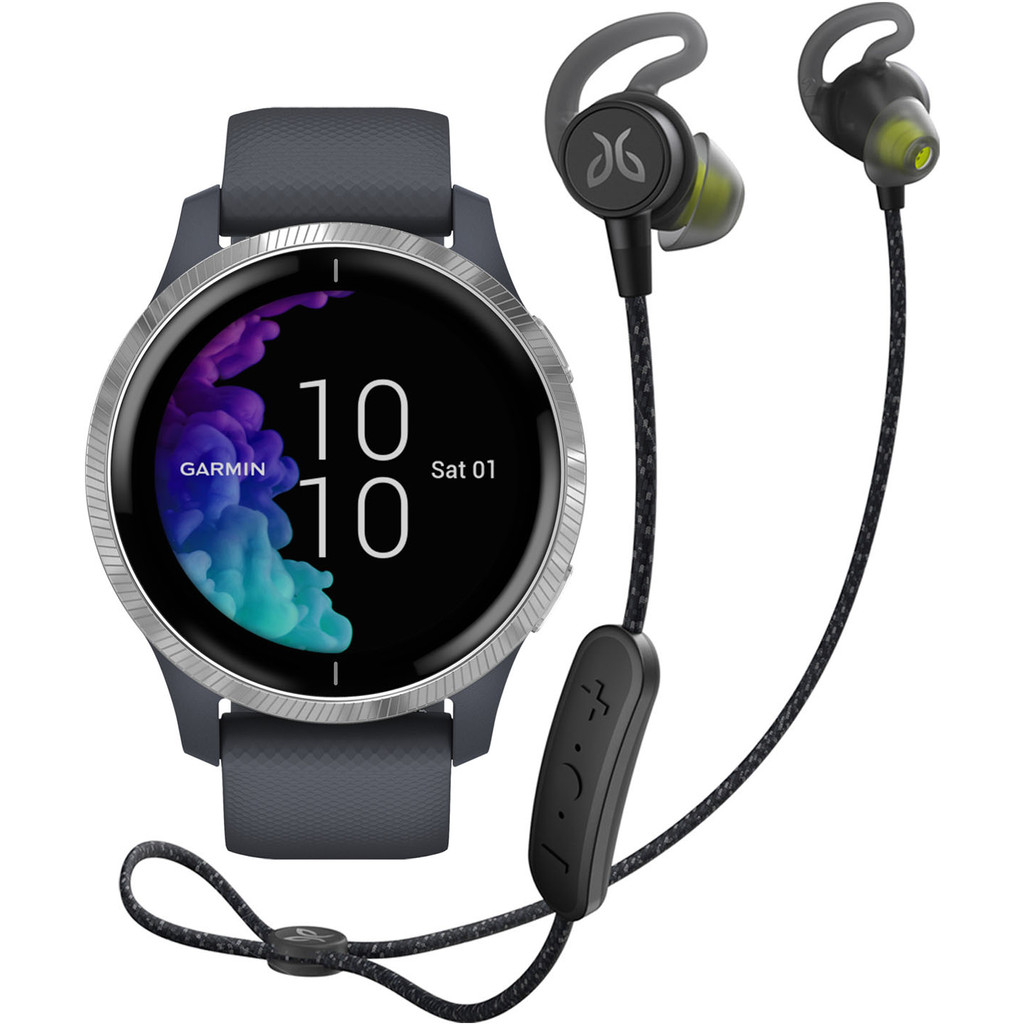 Garmin Venu Zilver Blauw Jaybird Tarah Pro Wireless Sport Oordopjes