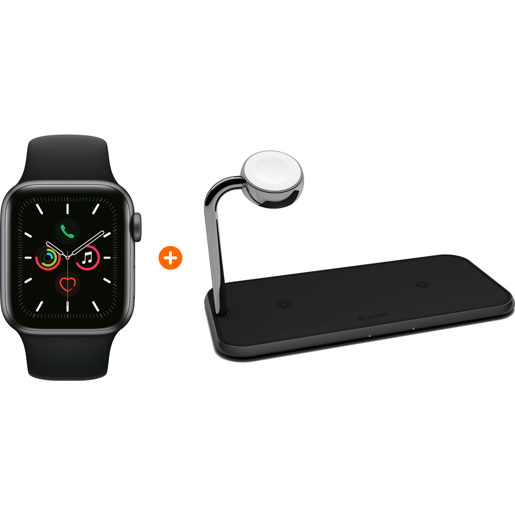 Apple Watch Series 5 44mm Space Gray Zwarte Sportband ZENS Draadloze Oplader 10W Zwart