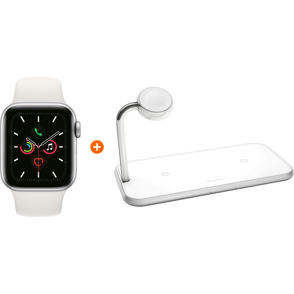 Apple Watch Series 5 44mm Zilver Witte Sportband ZENS Draadloze Oplader 10W Wit