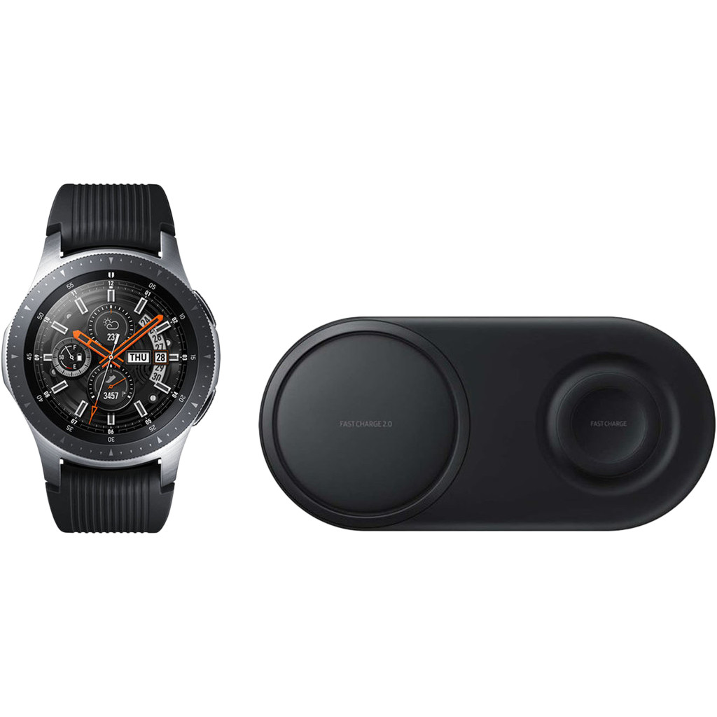 Samsung Galaxy Watch 46mm Silver Samsung Draadloze Oplader DUO Pad Zwart