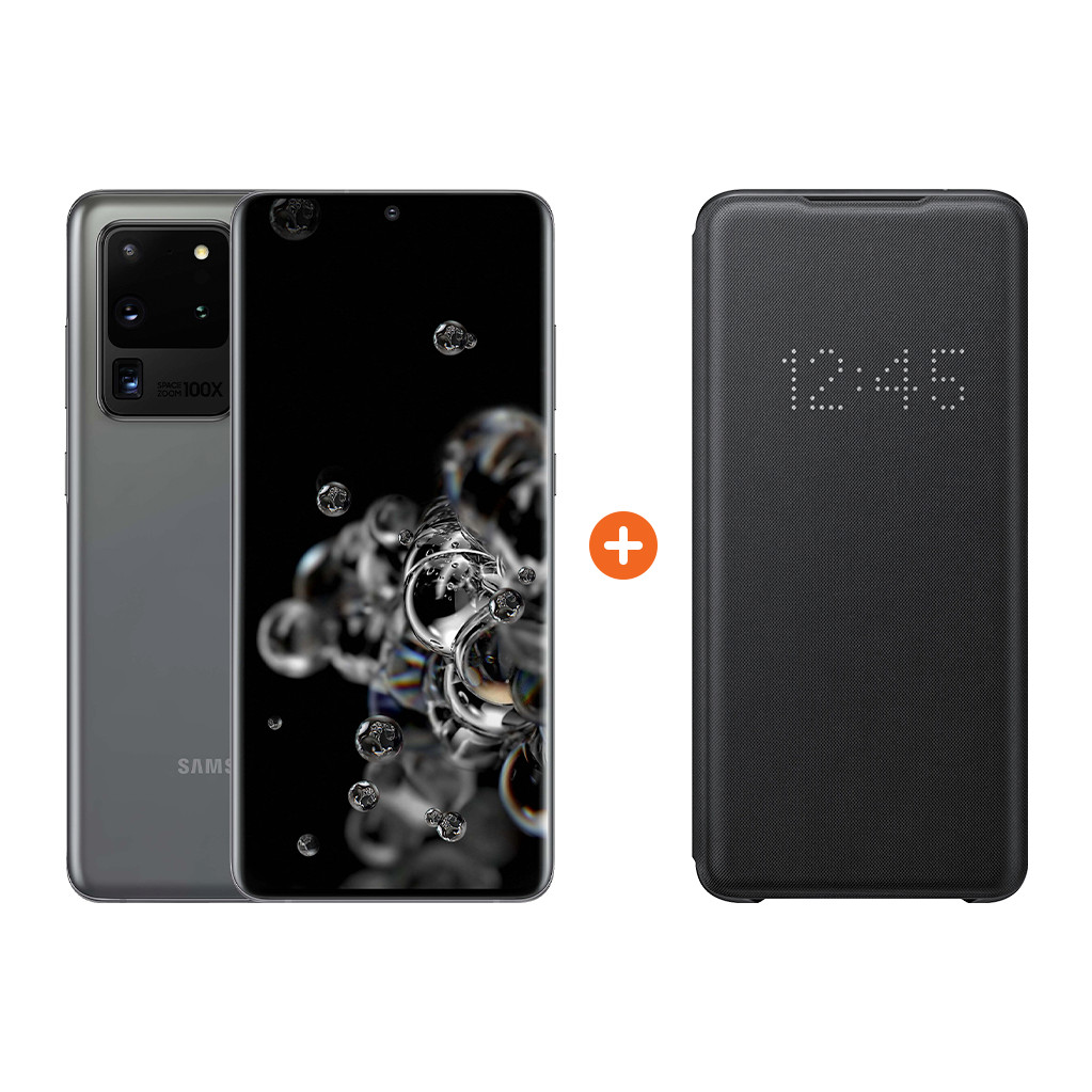 Samsung Galaxy S20 Ultra 128GB Grijs 5G + Samsung Led View Book Case Zwart-128 GB opslagcapaciteit 6,9 inch quad hd scherm Android 10.0