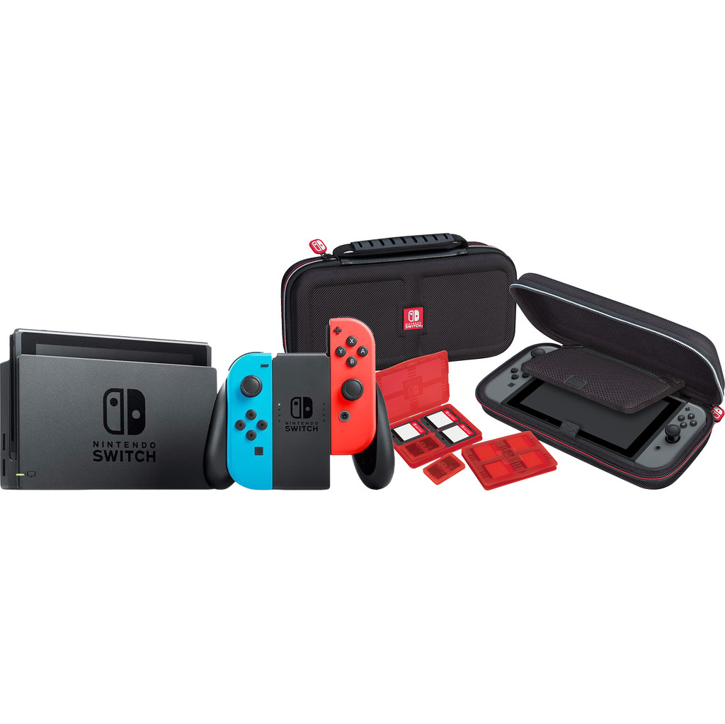 Nintendo Switch (2019 Upgrade) Rood/Blauw + Bigben Nintendo Switch Travel Case Zwart