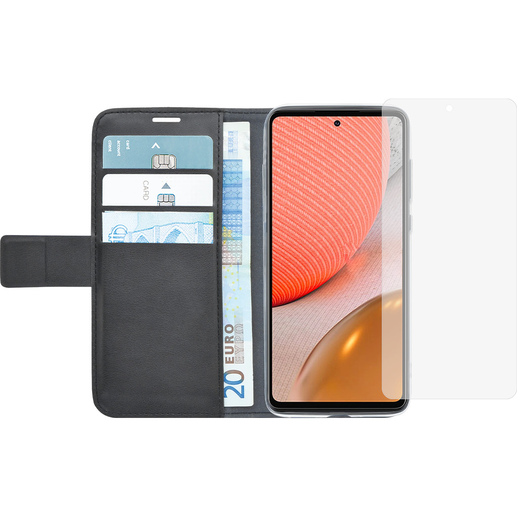 Azuri Wallet Samsung Galaxy A72 Book Case Zwart + Azuri Tempered Glass Screenprotector