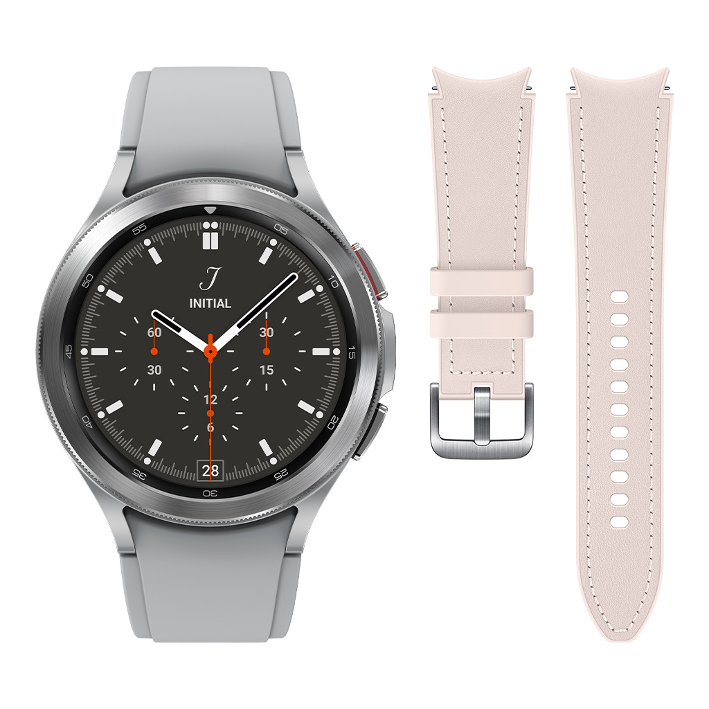 Samsung Galaxy Watch4 Classic 42 mm Zilver + Leren Bandje Roze S-M 20mm smartwatch