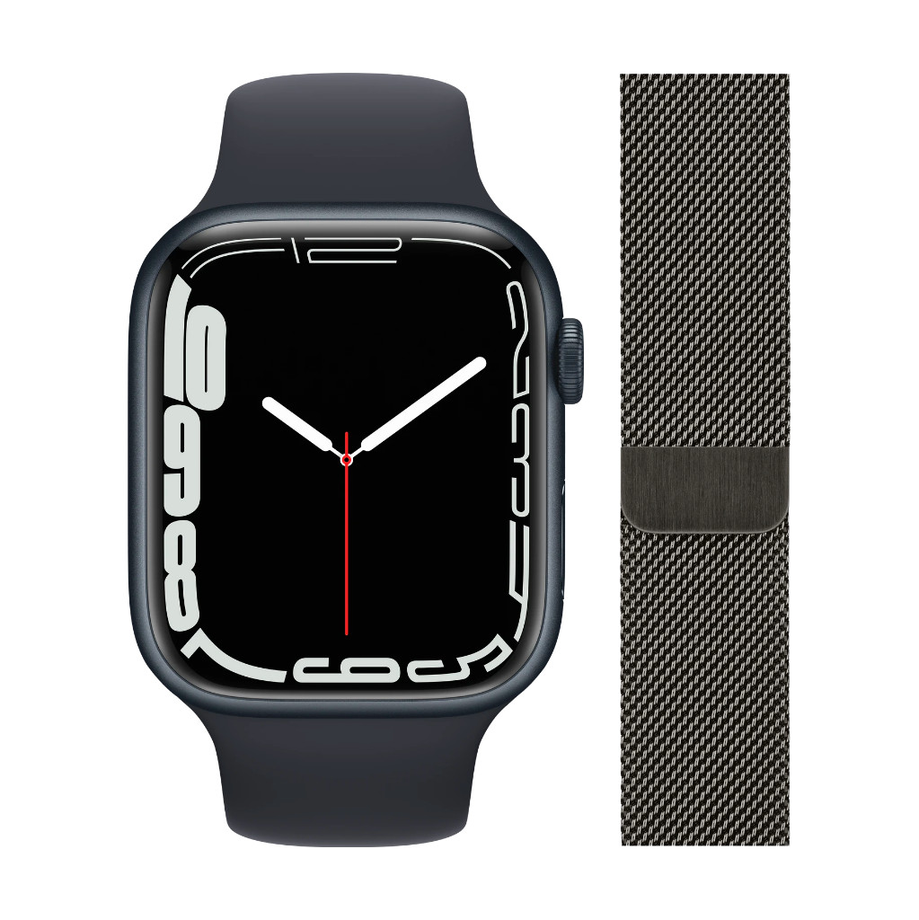 Apple Watch Series 7 45mm Middernacht Middernacht Bandje + Polsband Milanees Grafiet