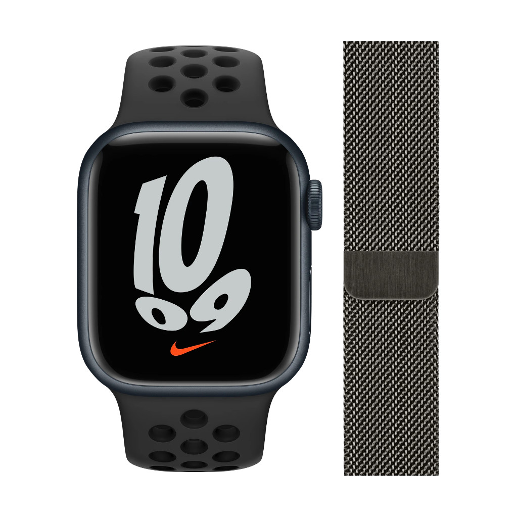 Apple Watch Nike Series 7 41mm Middernacht Middernacht Bandje + Polsband Milanees Grafiet