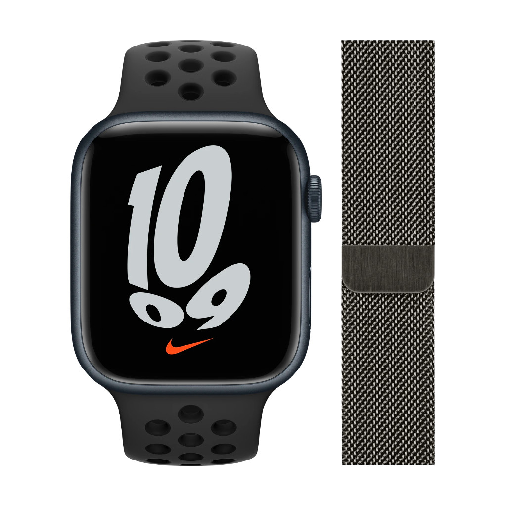 Apple Watch Nike Series 7 45mm Middernacht Zwart Bandje + Polsband Milanees Grafiet