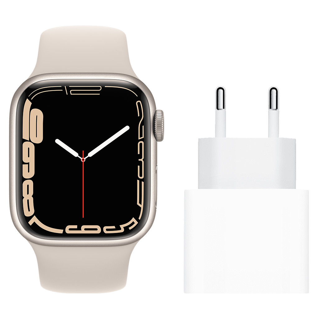 Apple Watch Series 7 41mm Witgoud Aluminium Crème Sportband + Apple Usb C Oplader 20W