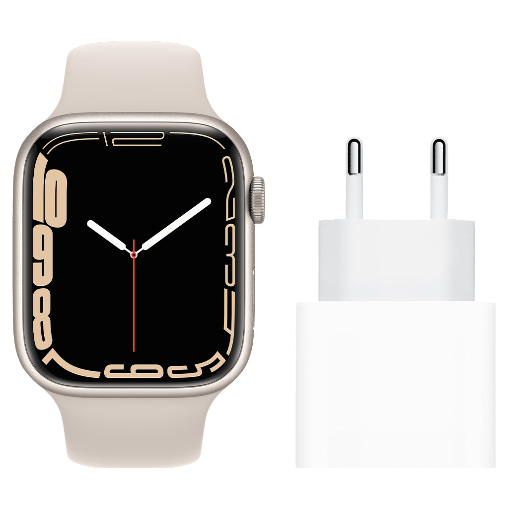 Apple Watch Series 7 45mm Witgoud Aluminium Crème Sportband + Apple Usb C Oplader 20W