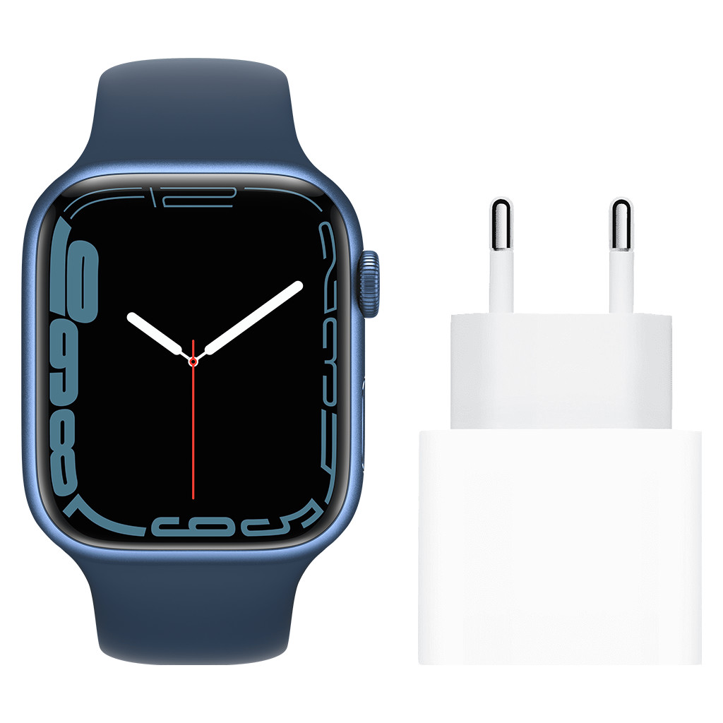 Apple Watch Series 7 45mm Blauw Aluminium Blauwe Sportband + Apple Usb C Oplader 20W