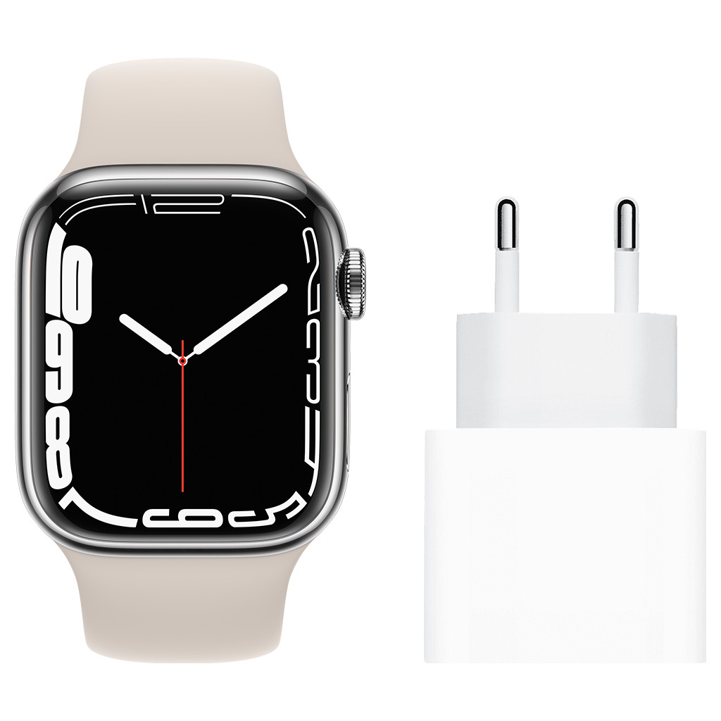 Apple Watch Series 7 4G 41mm Zilver Rvs Crème Sportband + Apple Usb C Oplader 20W