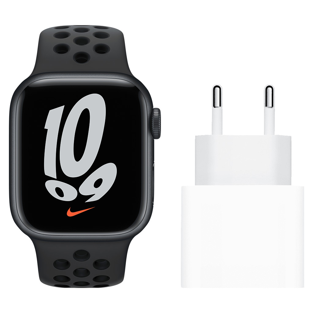 Apple Watch Nike Series 7 4G 41mm Middernacht Zwarte Sportband + Apple Usb C Oplader 20W