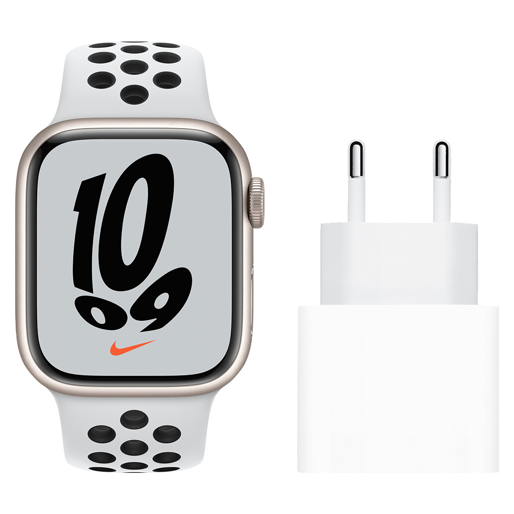 Apple Watch Nike Series 7 4G 41mm Witgoud Witte Sportband + Apple Usb C Oplader 20W