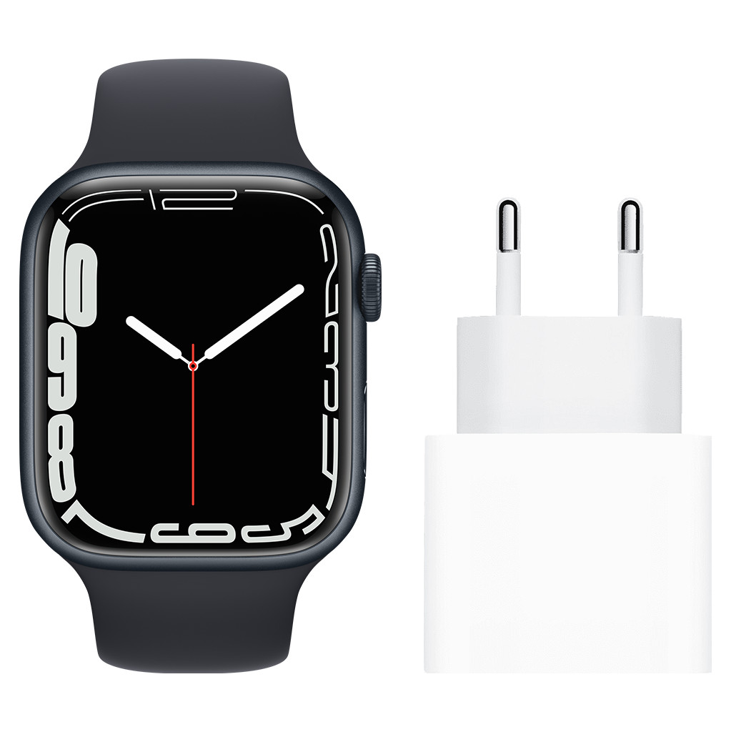Apple Watch Series 7 4G 45mm Middernacht Aluminium Middernacht Sportband + Usb C Oplader 20W
