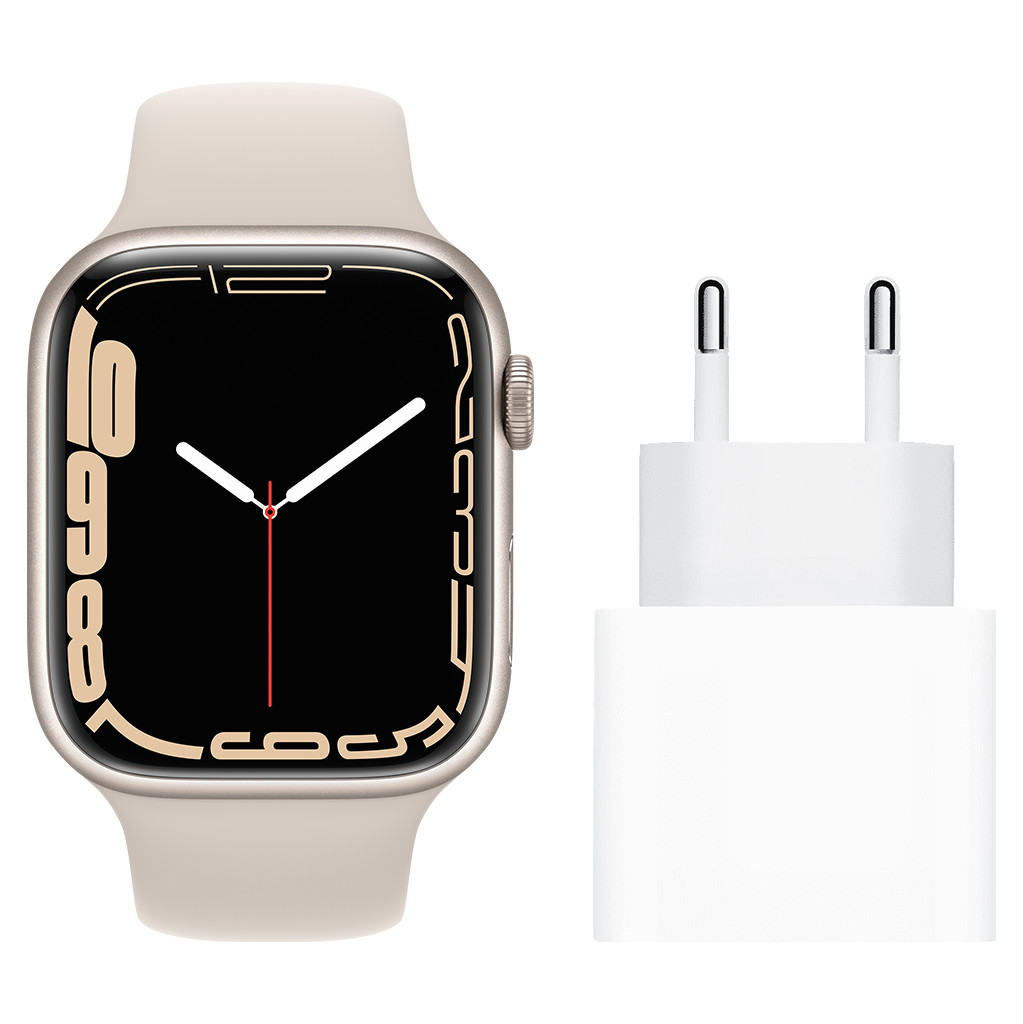 Apple Watch Series 7 4G 45mm Witgoud Aluminium Crème Sportband + Apple Usb C Oplader 20W