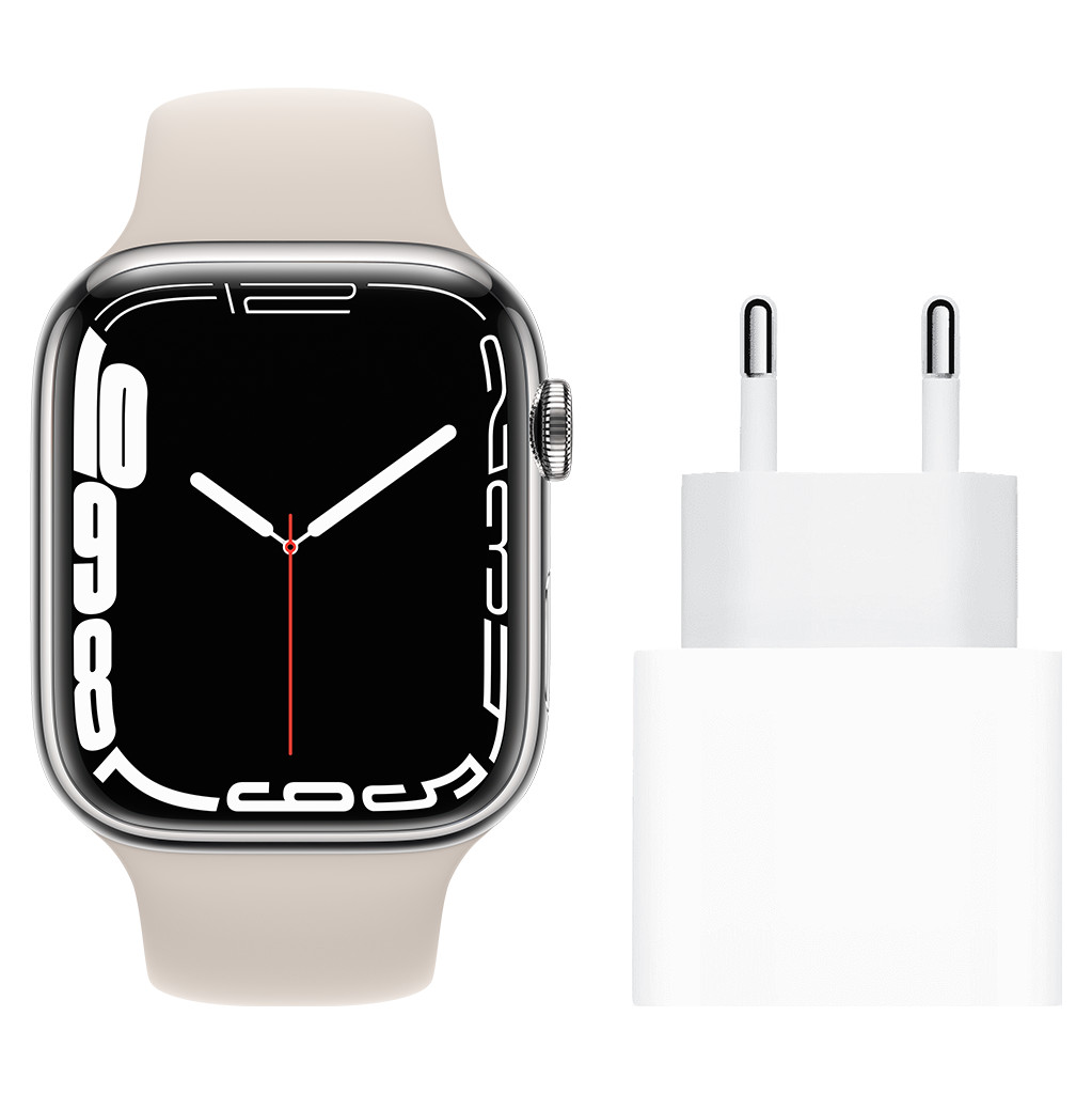 Apple Watch Series 7 4G 45mm Zilver Rvs Crème Sportband + Apple Usb C Oplader 20W