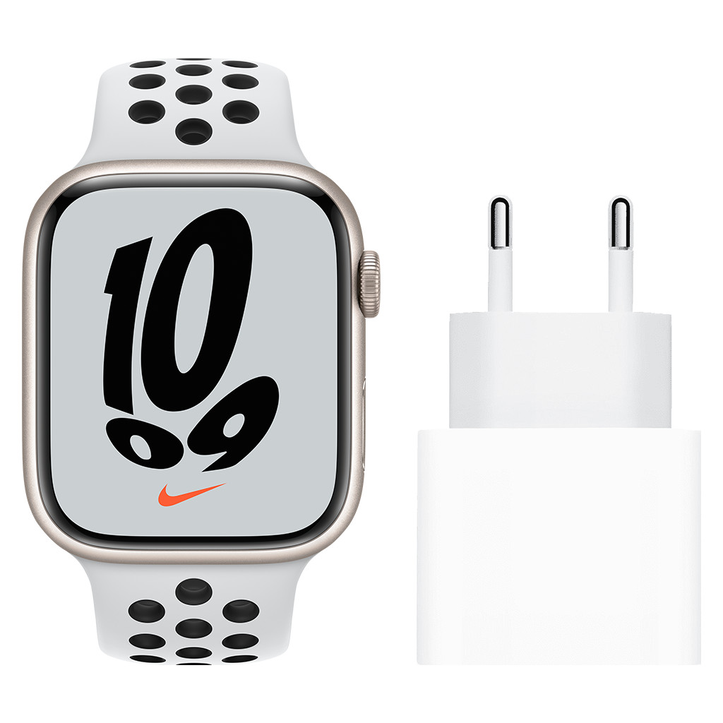 Apple Watch Nike Series 7 4G 45mm Witgoud Witte Sportband + Apple Usb C Oplader 20W