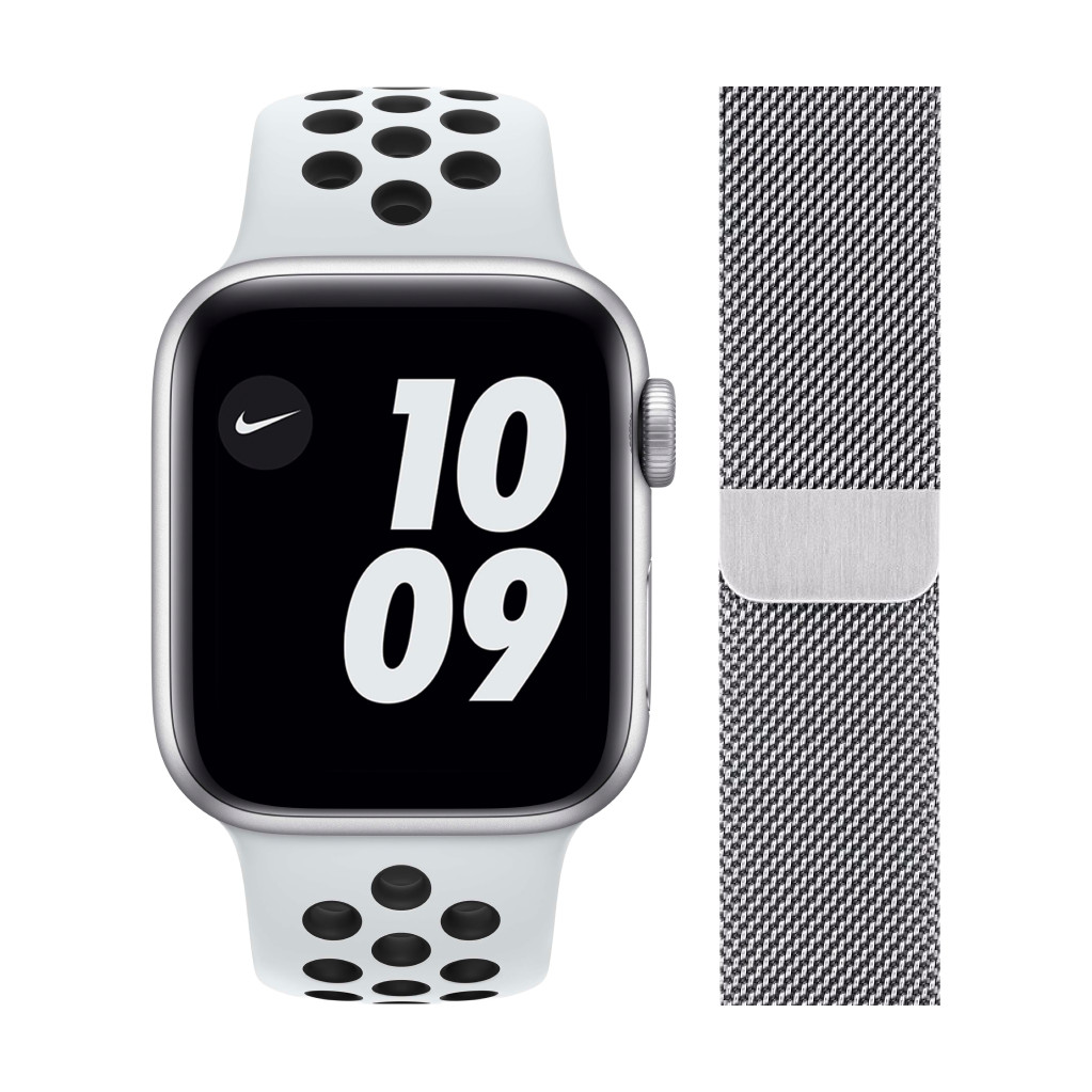 Apple Watch Nike SE 40mm Zilver Aluminium Witte Sportband + Polsband Milanees Zilver