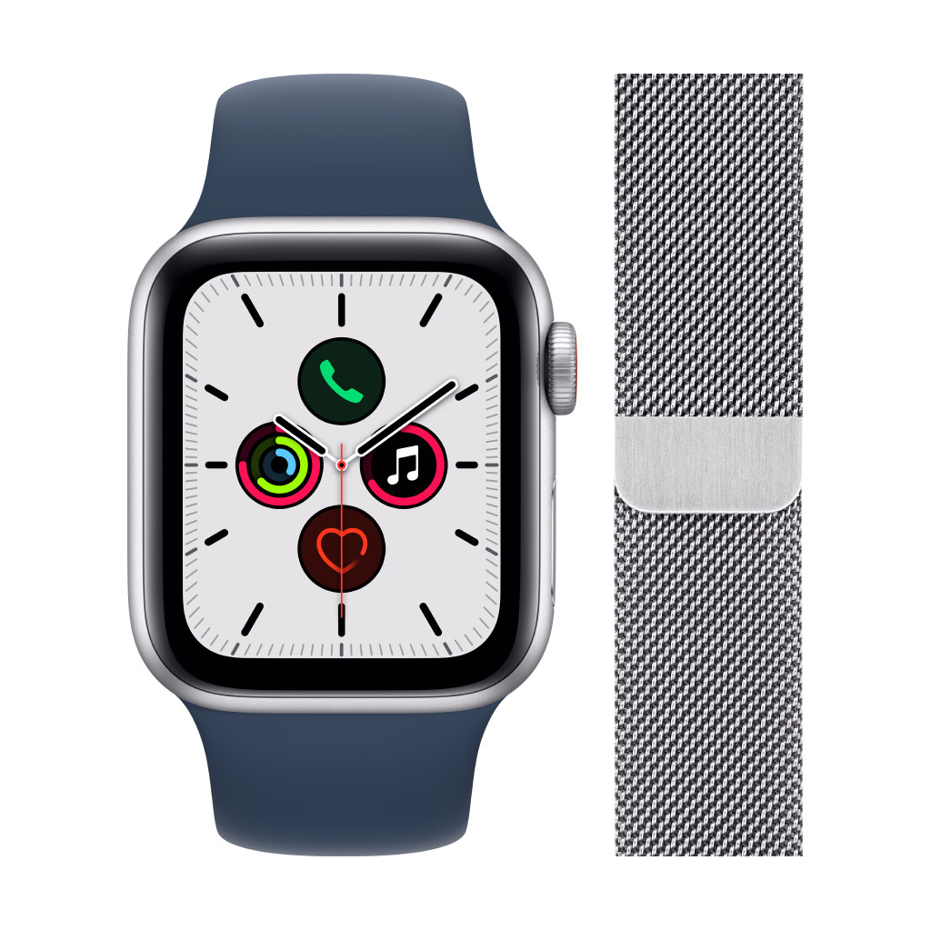Apple Watch SE 4G 40mm Zilver Aluminium Blauwe Sportband + Polsband Milanees Zilver