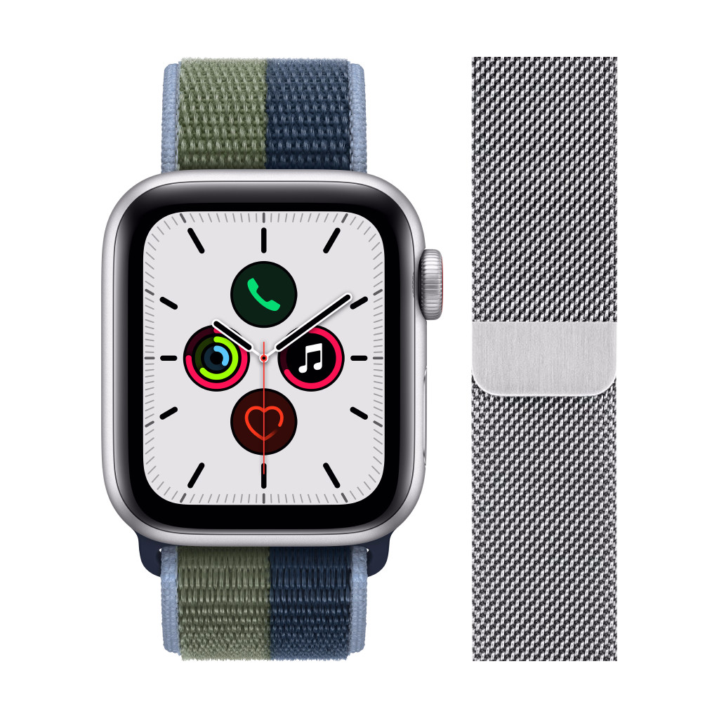 Apple Watch SE 4G 40mm Zilver Aluminium Blauw/Groen Nylon Sport Loop + Polsband Milanees