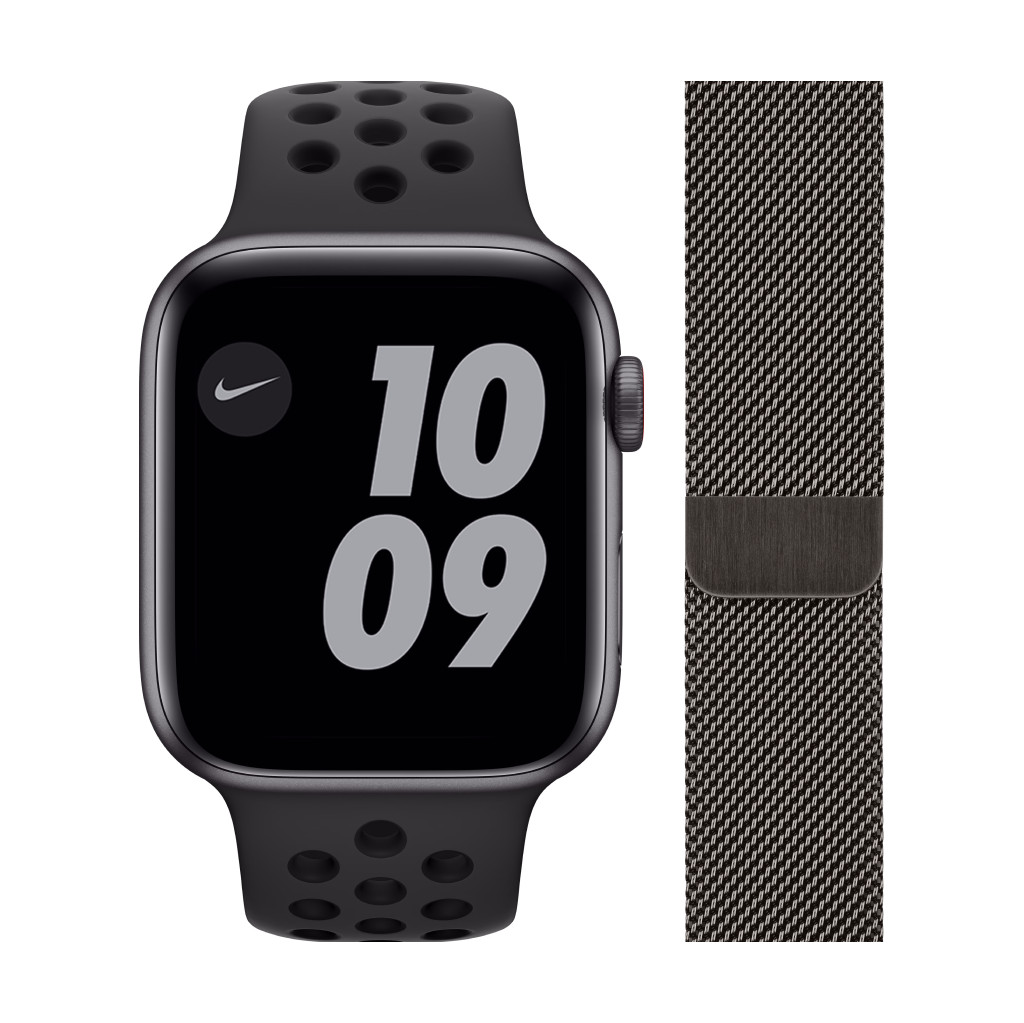 Apple Watch Nike SE 4G 44mm Space Grey Aluminium Zwarte Sportband + Polsband Milanees Graf