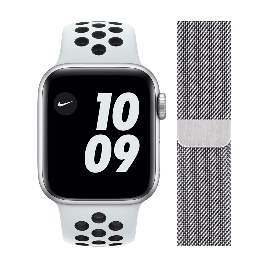 Apple Watch Nike SE 4G 44mm Zilver Aluminium Witte Sportband + Polsband Milanees Zilver