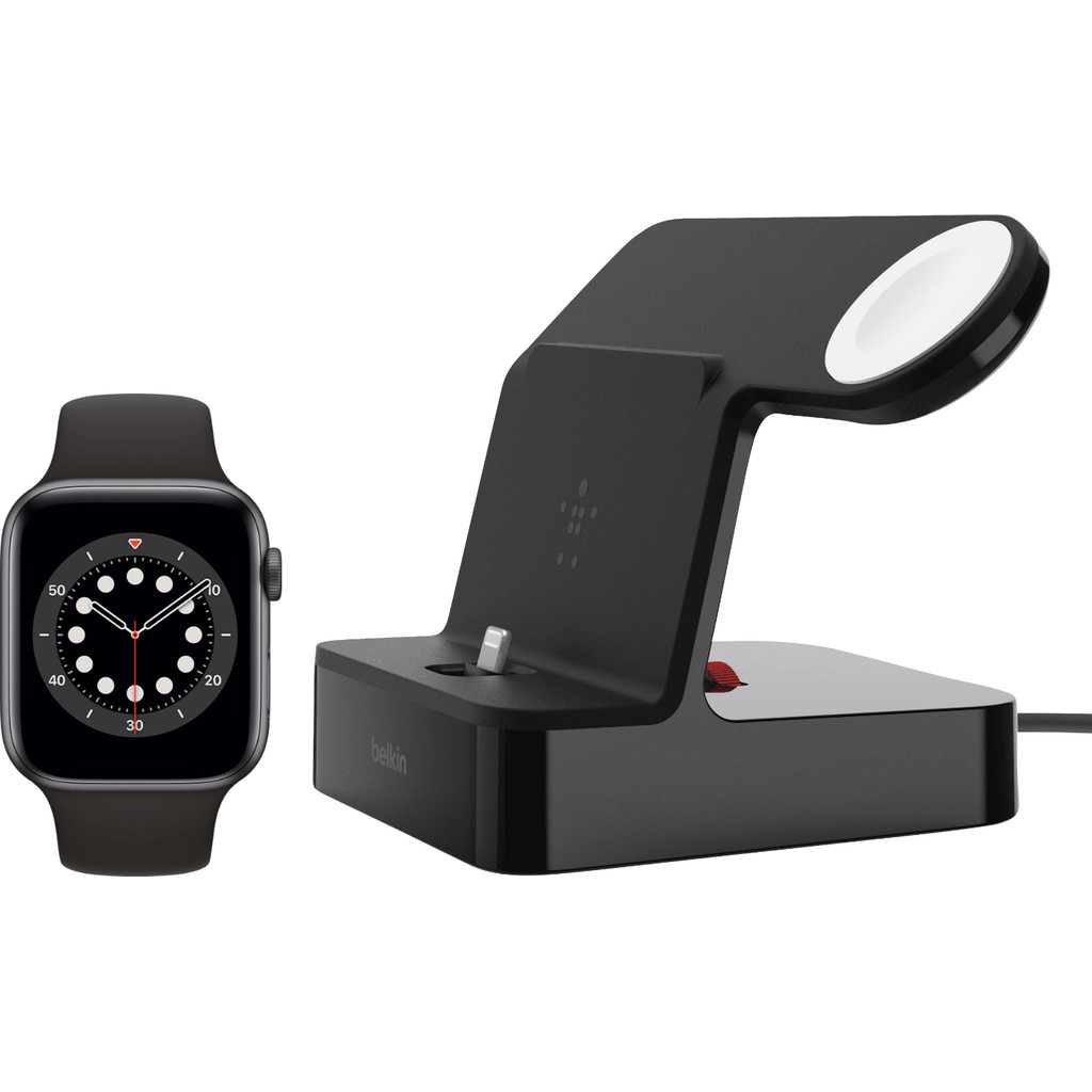 Apple Watch Series 6 44mm Space Gray Zwarte Sportband + Belkin Docking Station Zwart