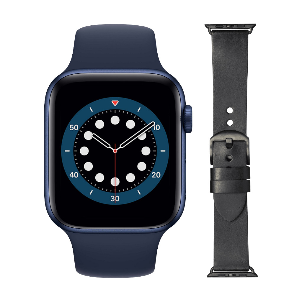 Apple Watch Series 6 44mm Blauw Blauw Bandje+ DBramante1928 Leren Bandje Zwart/Space Gray