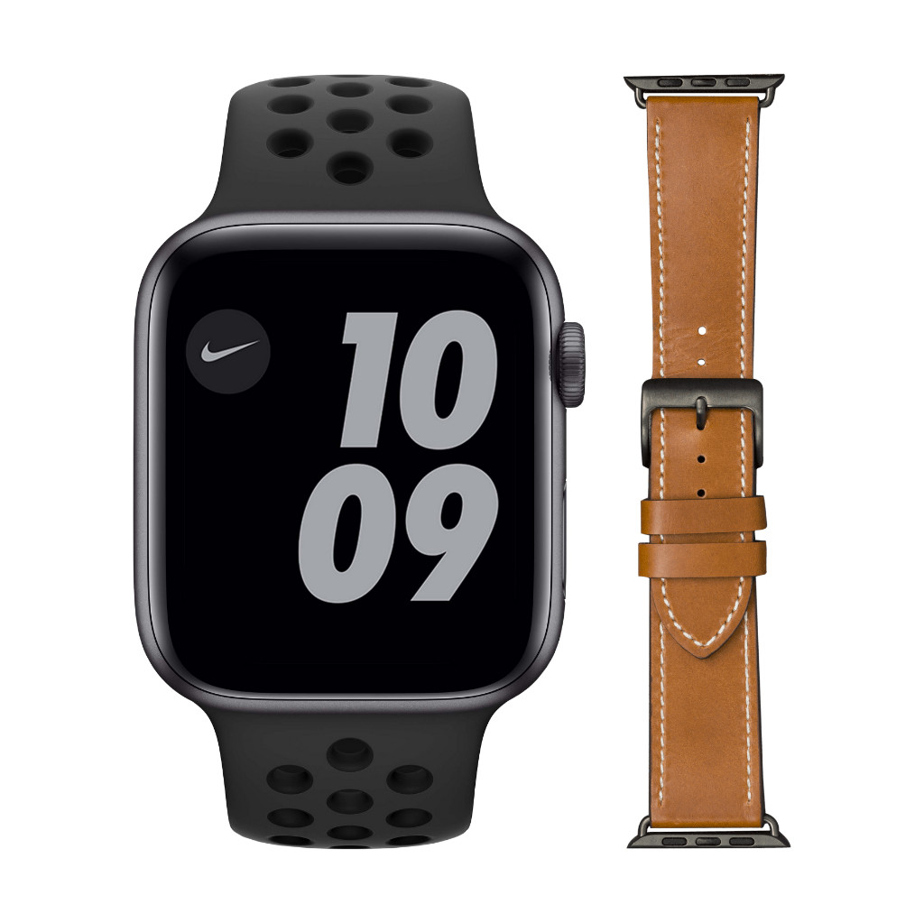 Apple Watch Nike Series 6 44mm Space Gray Zwart Bandje+ DBramante1928 Leren Bandje Bruin