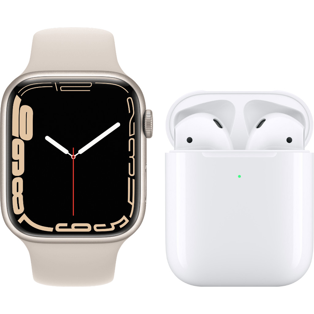 Apple Watch Series 7 41mm Witgoud Aluminium Crème Sportband + Apple AirPods 2