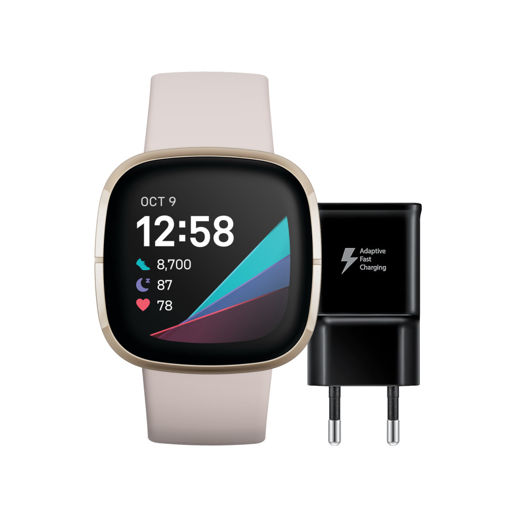 Fitbit Sense Wit/Goud + Samsung Adaptive Fast Charging Oplader 15W Zwart