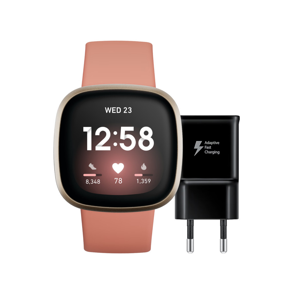Fitbit Versa 3 Roze/Goud + Samsung Adaptive Fast Charging Oplader 15W Zwart