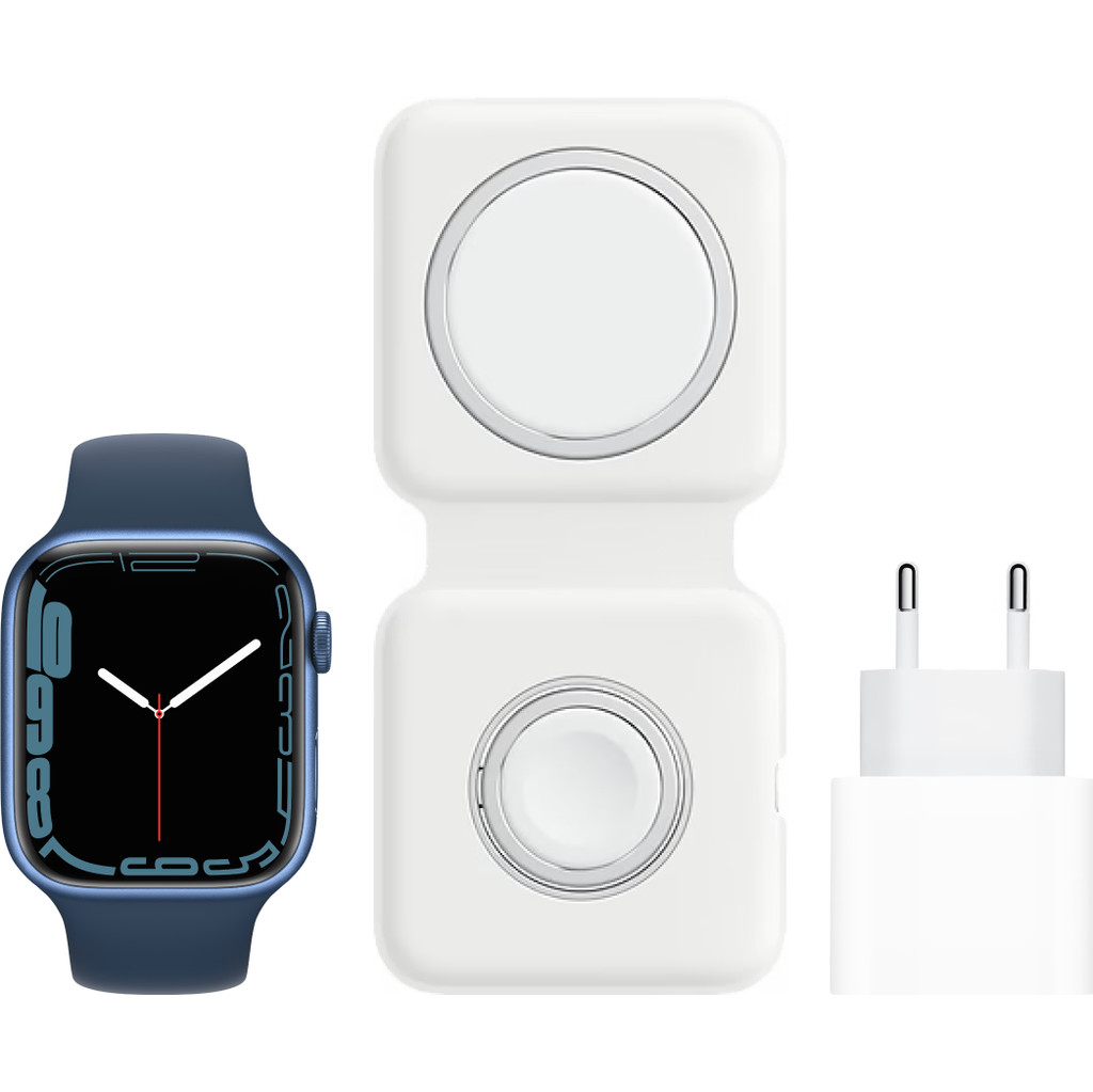 Apple Watch Series 7 45mm Blauw Aluminium Blauwe Sportband + MagSafe Oplaadpakket