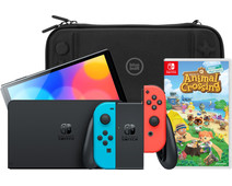 Nintendo Switch OLED Blauw/Rood + Animal Crossing New Horizons + BlueBuilt Beschermhoes