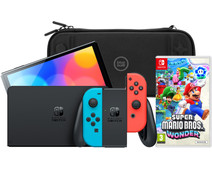 Nintendo Switch OLED Rood/Blauw + Super Mario Bros. Wonder + BlueBuilt Beschermhoes