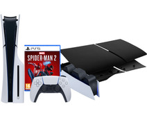 PlayStation 5 Slim Disc Edition + Spider-Man 2 + Covers Black + Charging Dock