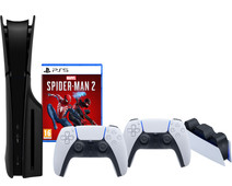 PS5 Slim Disc Edition + Spider-Man 2 + Covers Black + Extra Controller + Charging Dock