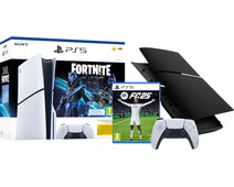 PS5 Slim Disc Edition + Fortnite Voucher + FC 25  + Covers Zwart + Extra Controller Wit