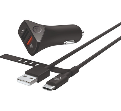 BlueBuilt 4,2A Autolader 2 USB met Nylon USB-C kabel 1 Meter Zwart