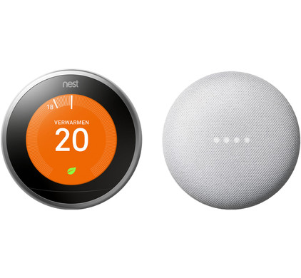 Google Nest Learning Thermostat V3 Premium Zilver + Google Nest Mini Wit