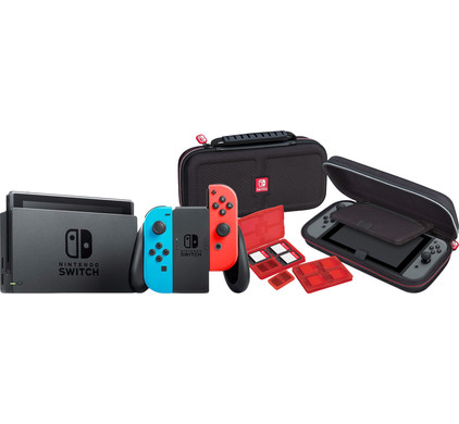 Nintendo Switch Rood/Blauw + Bigben Nintendo Switch Travel Case Zwart