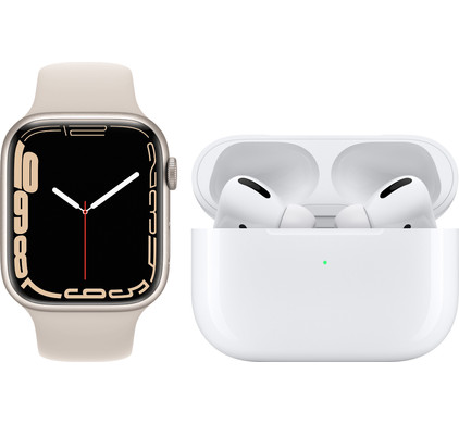 Apple Watch Series 7 45mm Witgoud Aluminium Crème Sportband + Apple AirPods Pro