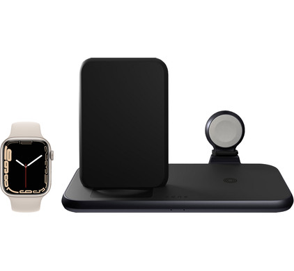 Apple Watch Series 7 45mm Witgoud Crème Bandje + ZENS 3-in-1 Draadloze Oplader Zwart