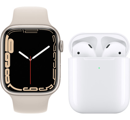 Apple Watch Series 7 45mm Witgoud Aluminium Crème Sportband + Apple AirPods 2