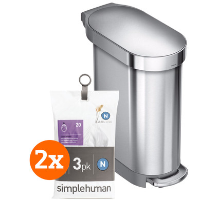 Simplehuman Slim 45 Liter Rvs + Vuilniszakken (120 stuks)