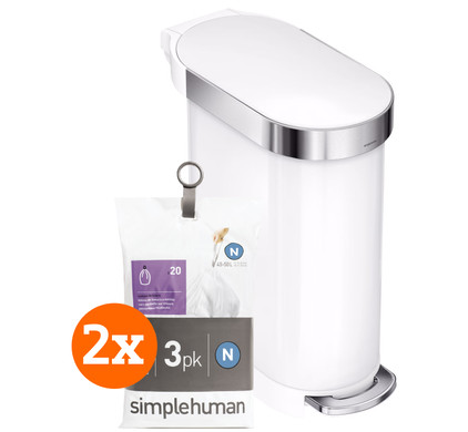 Simplehuman Slim 45 Liter Wit + Vuilniszakken (120 stuks)
