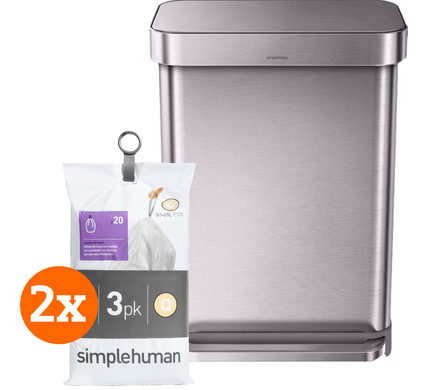 Simplehuman Rectangular Liner Pocket 55 Liter Rvs + Vuilniszakken (120 stuks)