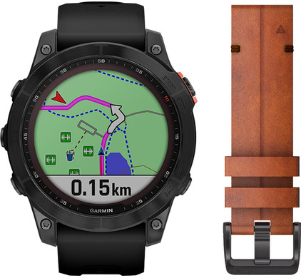 Garmin Fenix 7 Solar Zwart 47mm + Garmin Leren Bandje Bruin 22mm