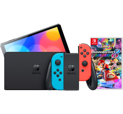 Nintendo Switch OLED White with Mario Kart 8 Deluxe Game Bundle 